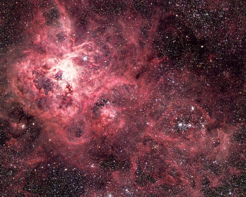 Figure 2: The Tarantula Nebula loom to the upper left of where the star Sanduleak -69° 202 exploded as supernova 1987A. Three-colour image made from BGR plates taken at the Anglo-Australian Telescope (AAT) prime focus Credit: David Malin / Australian Astronomical Observatory.